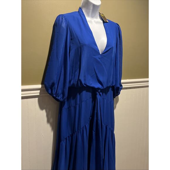 Taylor Royal Blue Azure Chiffon V neck High Low Midi Dress Medium - Picture 2 of 9